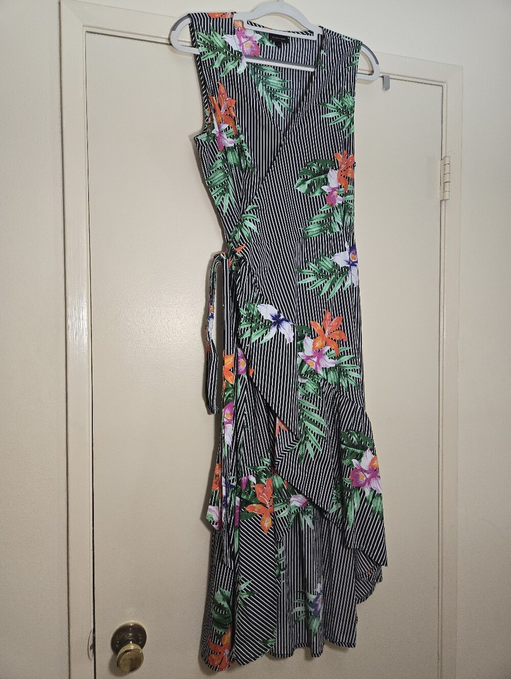 Who What Wear Black Striped Wrap Maxi with Tropical Flowers Size L 100% Cotton